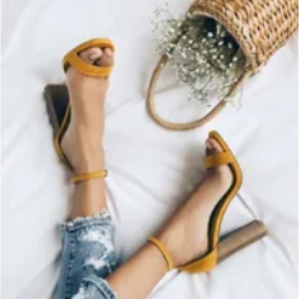 NEVER WORN, Suede stacked ankle strapped heels, mustard yellow, Lulus, size 6.5